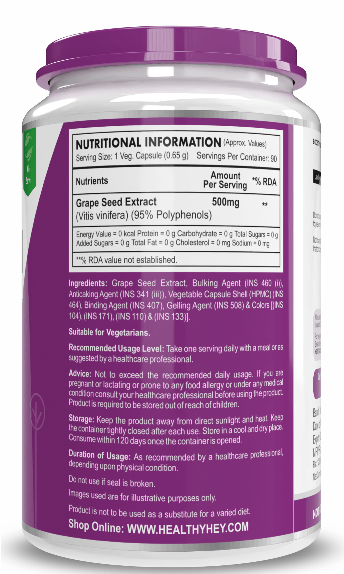 HealthyHey Nutrition Capsule Grape Seed Extract, Antioxidant support Heart Health - 90 veg capsules