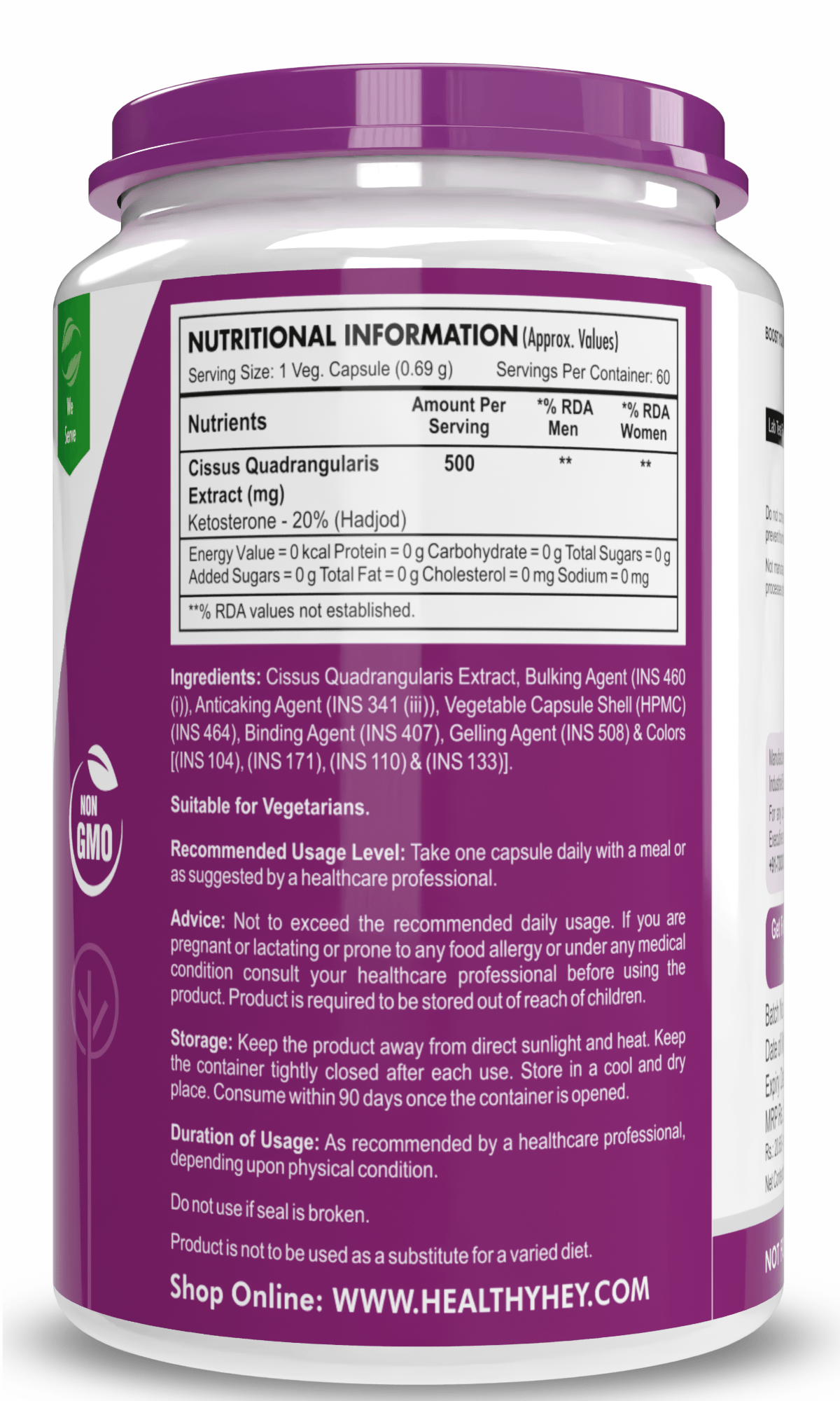 HealthyHey Nutrition Capsule HADJOD Cissus Quadrangularis Extract  60 Vegetable Capsules