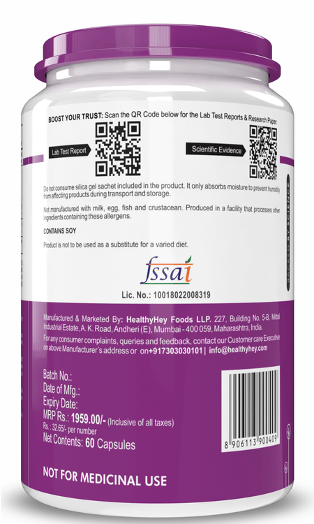 HealthyHey Nutrition Capsule HairVgrow, Natural Hair Growth and Stop Hair fall Formula- 60 Veg Capsules