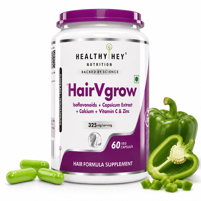 HealthyHey Nutrition Capsule HairVgrow, Natural Hair Growth and Stop Hair fall Formula- 60 Veg Capsules