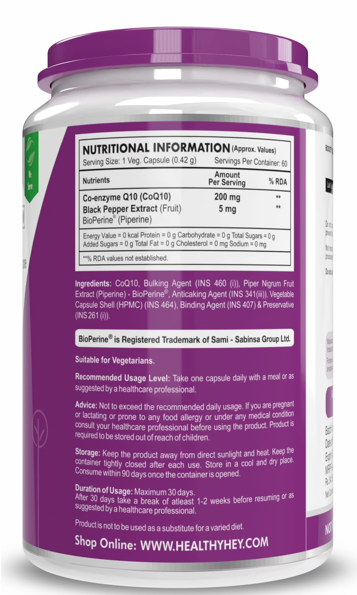 HealthyHey Nutrition Capsule High Absorption CoQ10 with BioPerine,Support Heart Health - 60 veg Capsules