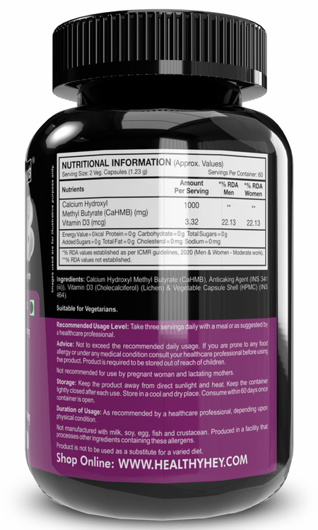 HealthyHey Nutrition Capsule HMB, Support Strength, Endurance & Muscle recovery Calcium Hydroxyl Methyl Butyrate 120 Veg Capsules