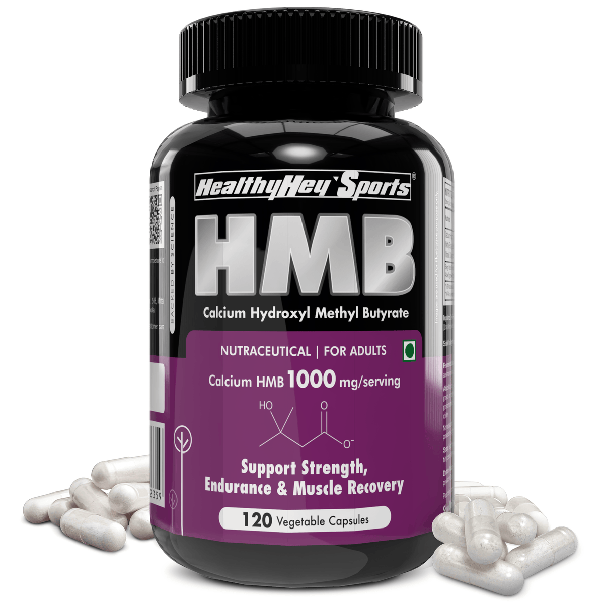 HealthyHey Nutrition Capsule HMB, Support Strength, Endurance & Muscle recovery Calcium Hydroxyl Methyl Butyrate 120 Veg Capsules