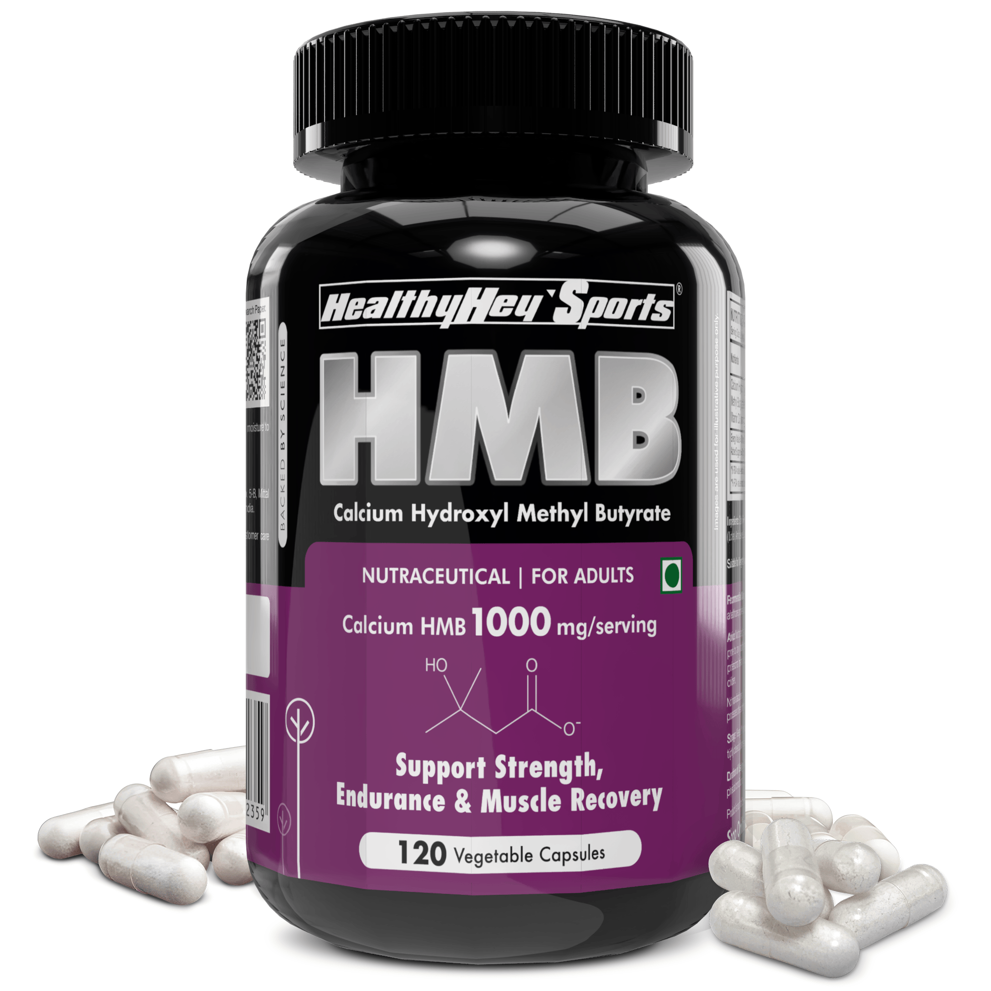 HealthyHey Nutrition Capsule HMB, Support Strength, Endurance & Muscle recovery Calcium Hydroxyl Methyl Butyrate 120 Veg Capsules