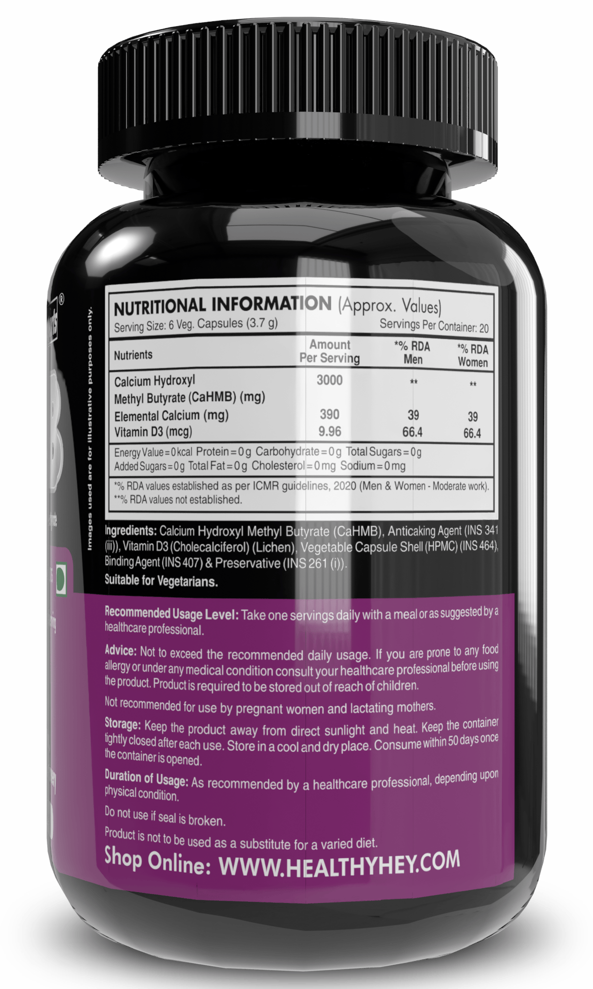 HealthyHey Nutrition Capsule HMB, Support Strength, Endurance & Muscle recovery Calcium Hydroxyl Methyl Butyrate 120 Veg Capsules