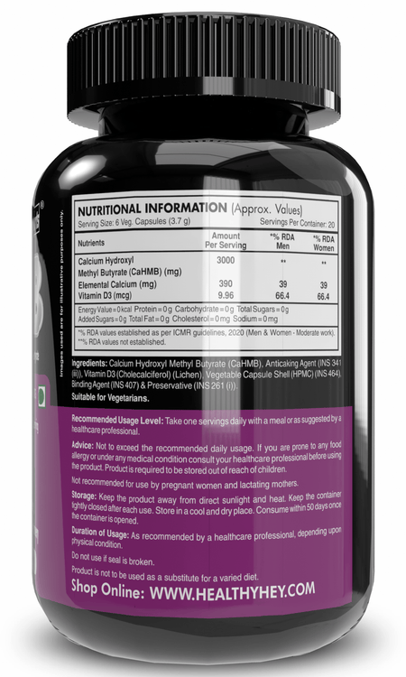HealthyHey Nutrition Capsule HMB, Support Strength, Endurance & Muscle recovery Calcium Hydroxyl Methyl Butyrate 120 Veg Capsules