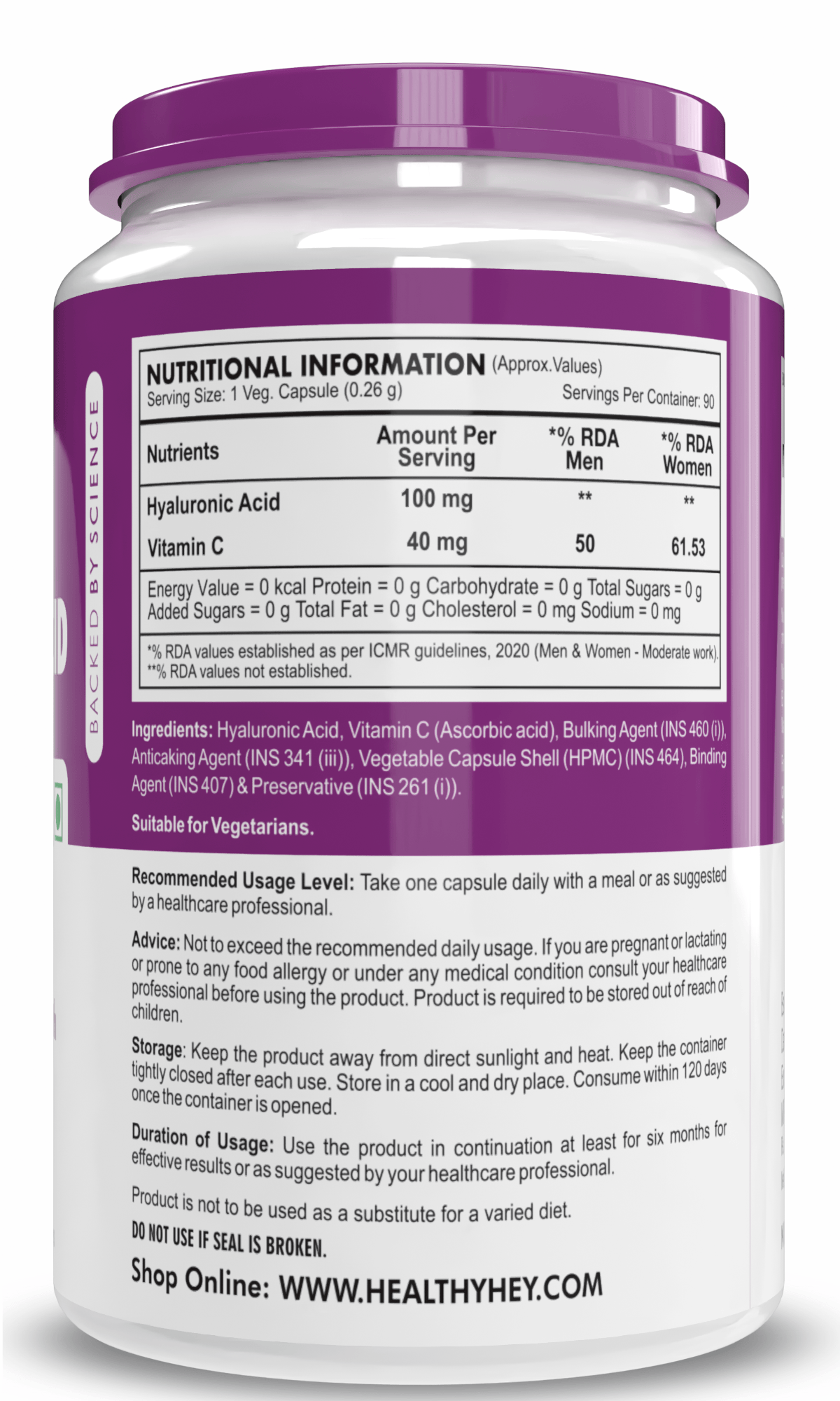 HealthyHey Nutrition Capsule Hyaluronic Acid, Support joint & Skin Health 2X Plus Veg Capsules - 90 veg capsules