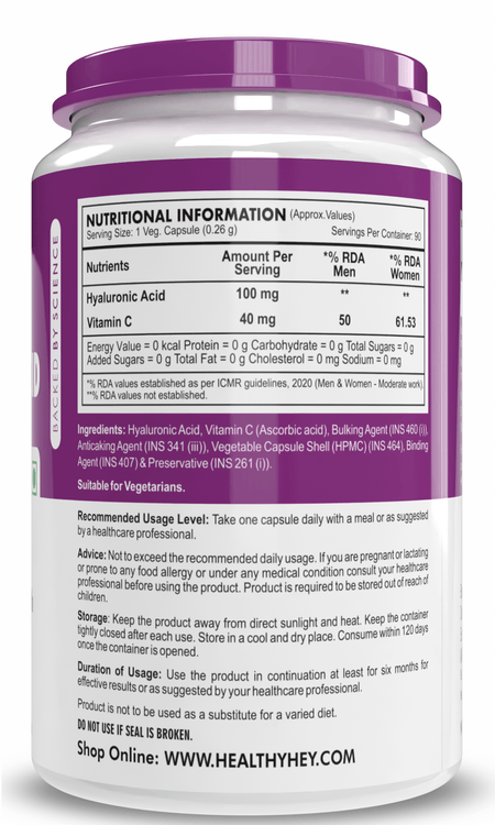 HealthyHey Nutrition Capsule Hyaluronic Acid, Support joint & Skin Health 2X Plus Veg Capsules - 90 veg capsules