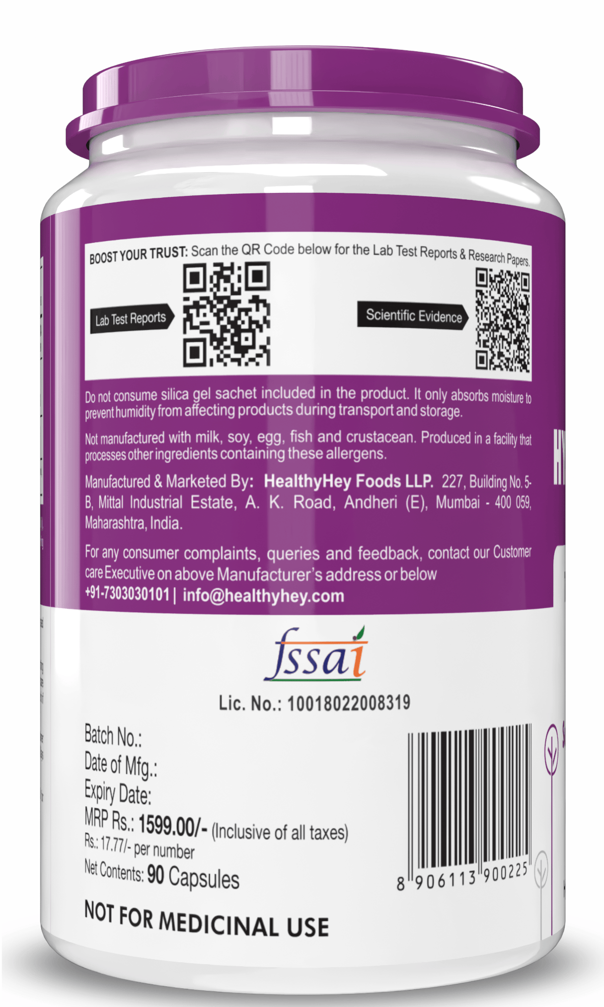 HealthyHey Nutrition Capsule Hyaluronic Acid, Support joint & Skin Health 2X Plus Veg Capsules - 90 veg capsules