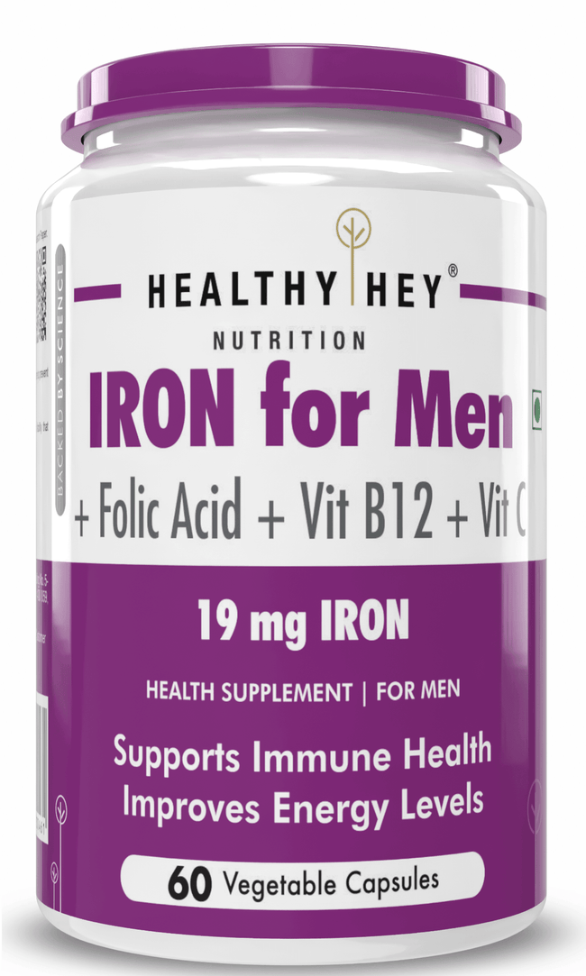 HealthyHey Nutrition Capsule Iron Supplement for Men, Support Immune Health -100% Chelated -With Vitamin B12, Folic Acid & Vitamin C for High Absorption 60 Veg Capsules