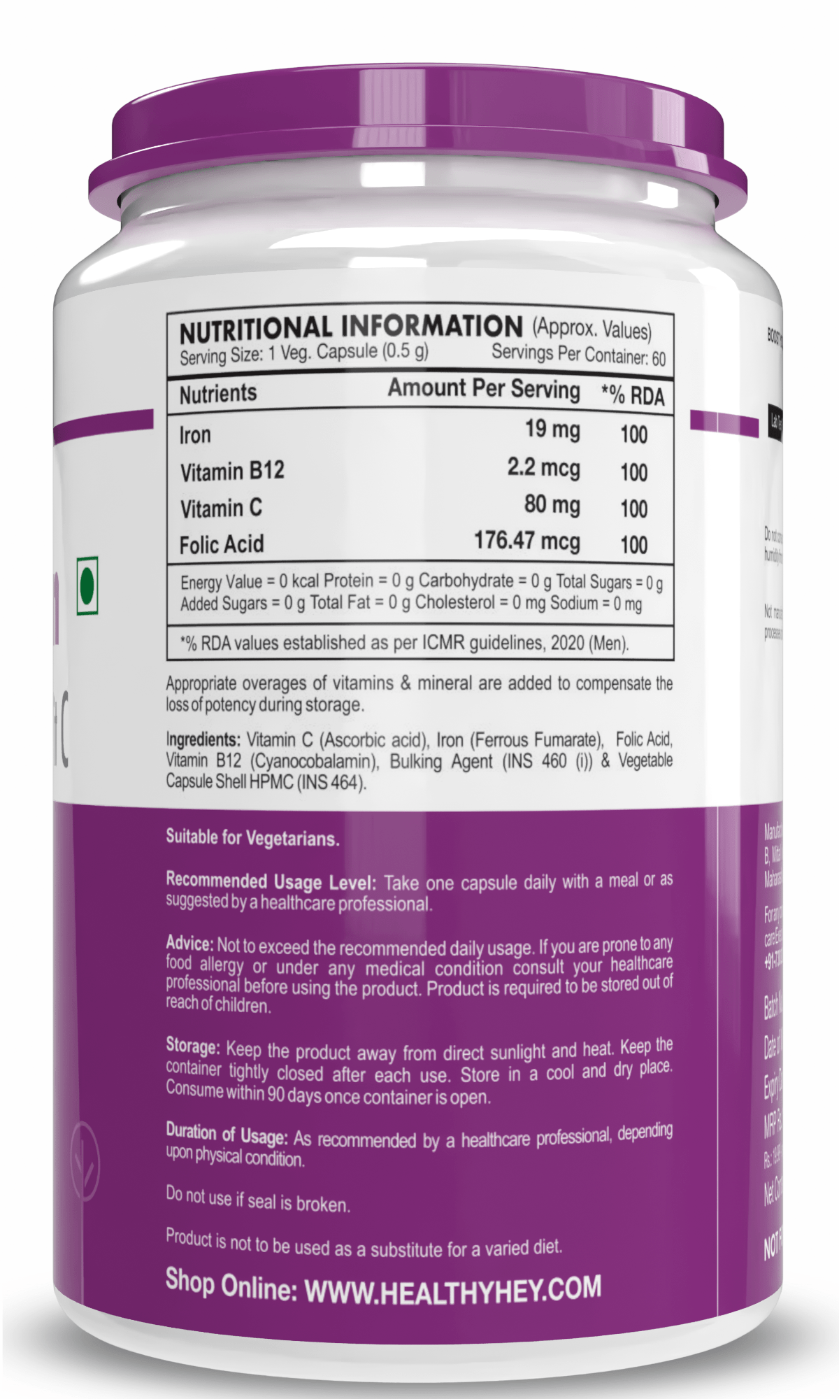 HealthyHey Nutrition Capsule Iron Supplement for Men, Support Immune Health -100% Chelated -With Vitamin B12, Folic Acid & Vitamin C for High Absorption 60 Veg Capsules