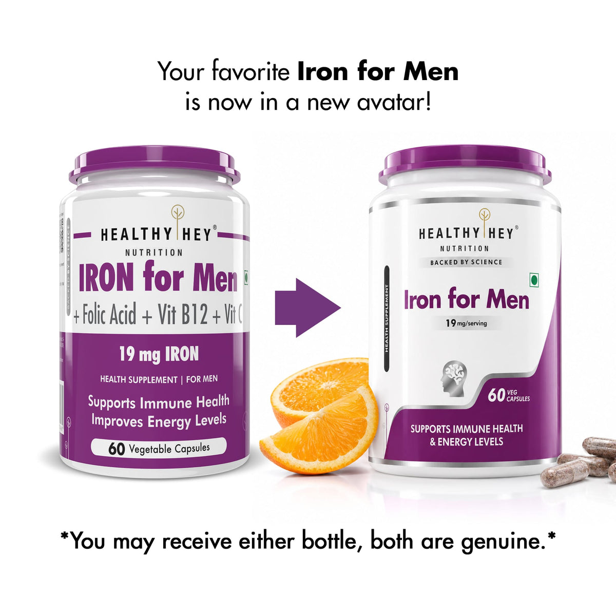 HealthyHey Nutrition Capsule Iron Supplement for Men, Support Immune Health - With Vitamin B12, Folic Acid & Vitamin C for High Absorption 60 Veg Capsules