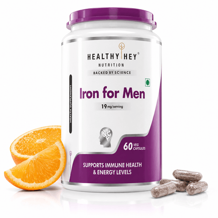 HealthyHey Nutrition Capsule Iron Supplement for Men, Support Immune Health - With Vitamin B12, Folic Acid & Vitamin C for High Absorption 60 Veg Capsules