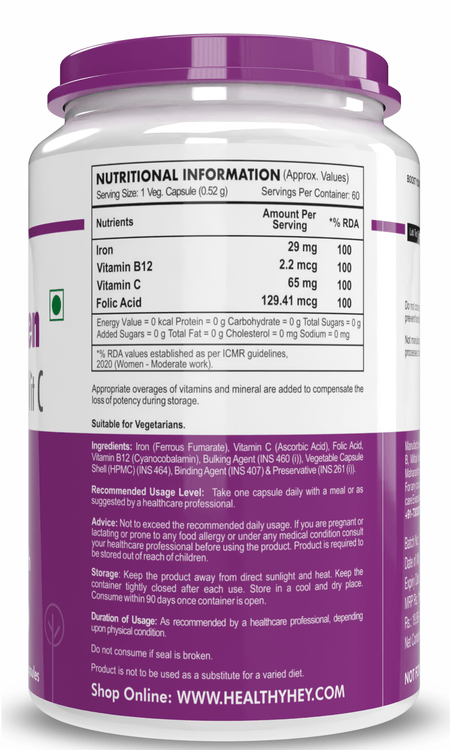 HealthyHey Nutrition Capsule Iron Supplement for Women, Support Immune Health -100% Chelated - With Vitamin B12, Folic Acid & Vitamin C for High Absorption 60 Veg Capsules