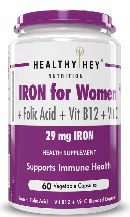 HealthyHey Nutrition Capsule Iron Supplement for Women, Support Immune Health -100% Chelated - With Vitamin B12, Folic Acid & Vitamin C for High Absorption 60 Veg Capsules