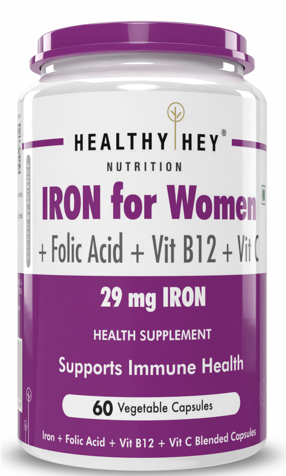 HealthyHey Nutrition Capsule Iron Supplement for Women, Support Immune Health -100% Chelated - With Vitamin B12, Folic Acid & Vitamin C for High Absorption 60 Veg Capsules
