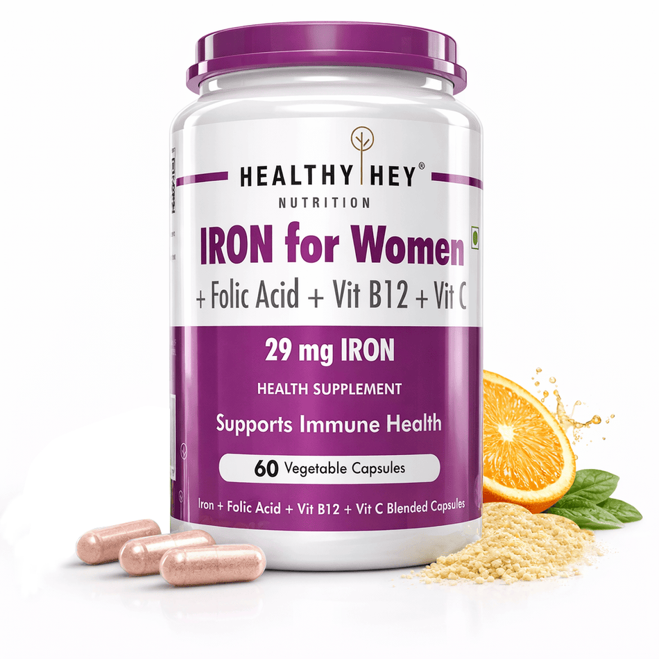 HealthyHey Nutrition Capsule Iron Supplement for Women, Support Immune Health -100% Chelated - With Vitamin B12, Folic Acid & Vitamin C for High Absorption 60 Veg Capsules