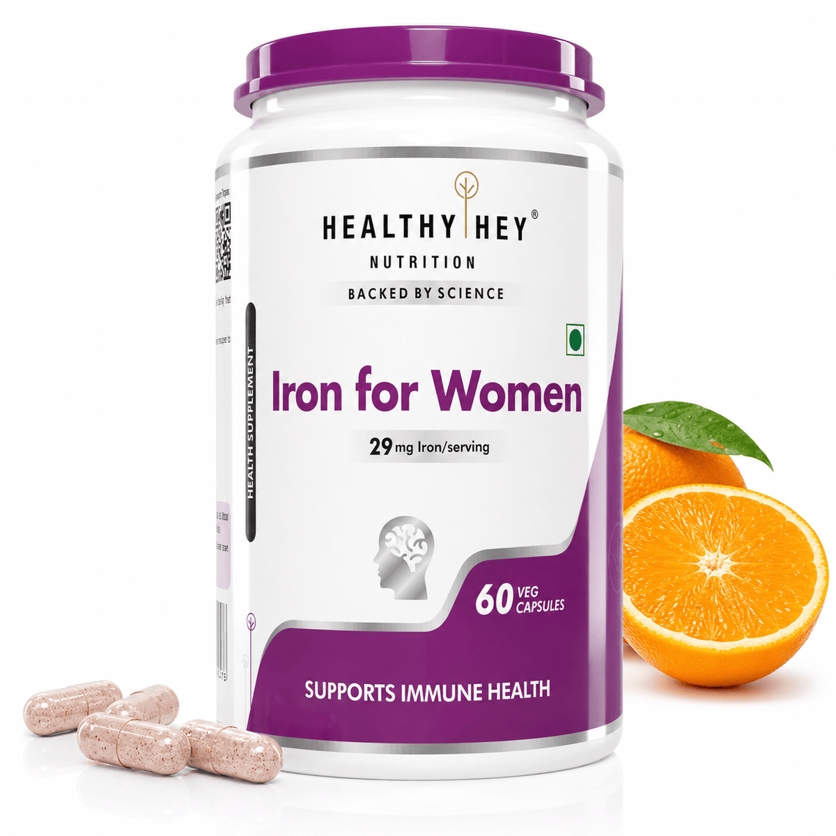 HealthyHey Nutrition Capsule Iron Supplement for Women, Support Immune Health -100% Chelated - With Vitamin B12, Folic Acid & Vitamin C for High Absorption 60 Veg Capsules