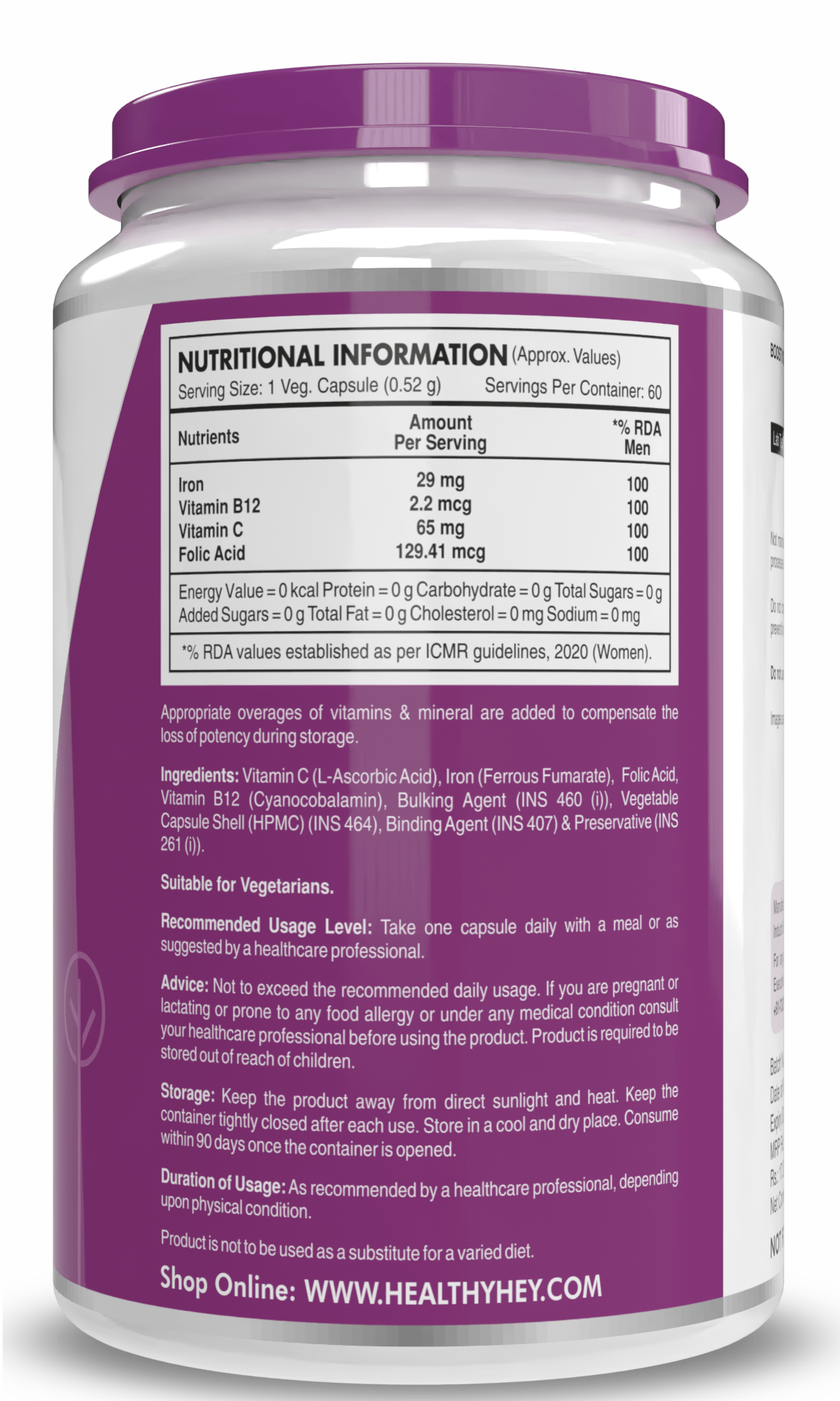 HealthyHey Nutrition Capsule Iron Supplement for Women, Support Immune Health -100% Chelated - With Vitamin B12, Folic Acid & Vitamin C for High Absorption 60 Veg Capsules