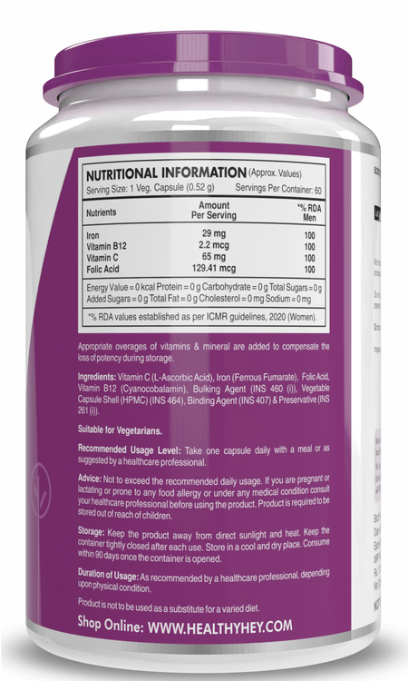 HealthyHey Nutrition Capsule Iron Supplement for Women, Support Immune Health -100% Chelated - With Vitamin B12, Folic Acid & Vitamin C for High Absorption 60 Veg Capsules