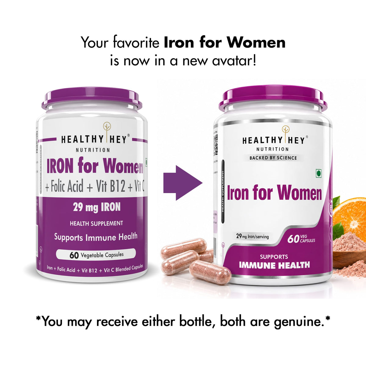 HealthyHey Nutrition Capsule Iron Supplement for Women, Support Immune Health - With Vitamin B12, Folic Acid & Vitamin C for High Absorption 60 Veg Capsules