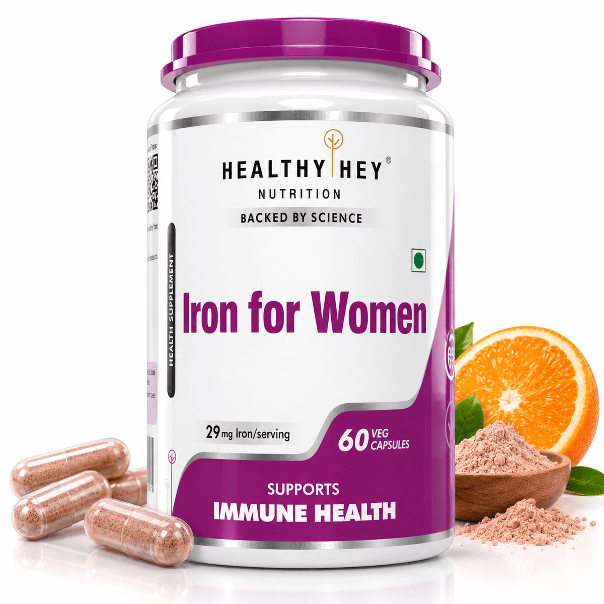 HealthyHey Nutrition Capsule Iron Supplement for Women, Support Immune Health - With Vitamin B12, Folic Acid & Vitamin C for High Absorption 60 Veg Capsules