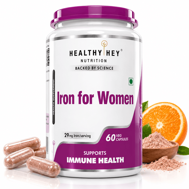 HealthyHey Nutrition Capsule Iron Supplement for Women, Support Immune Health - With Vitamin B12, Folic Acid & Vitamin C for High Absorption 60 Veg Capsules