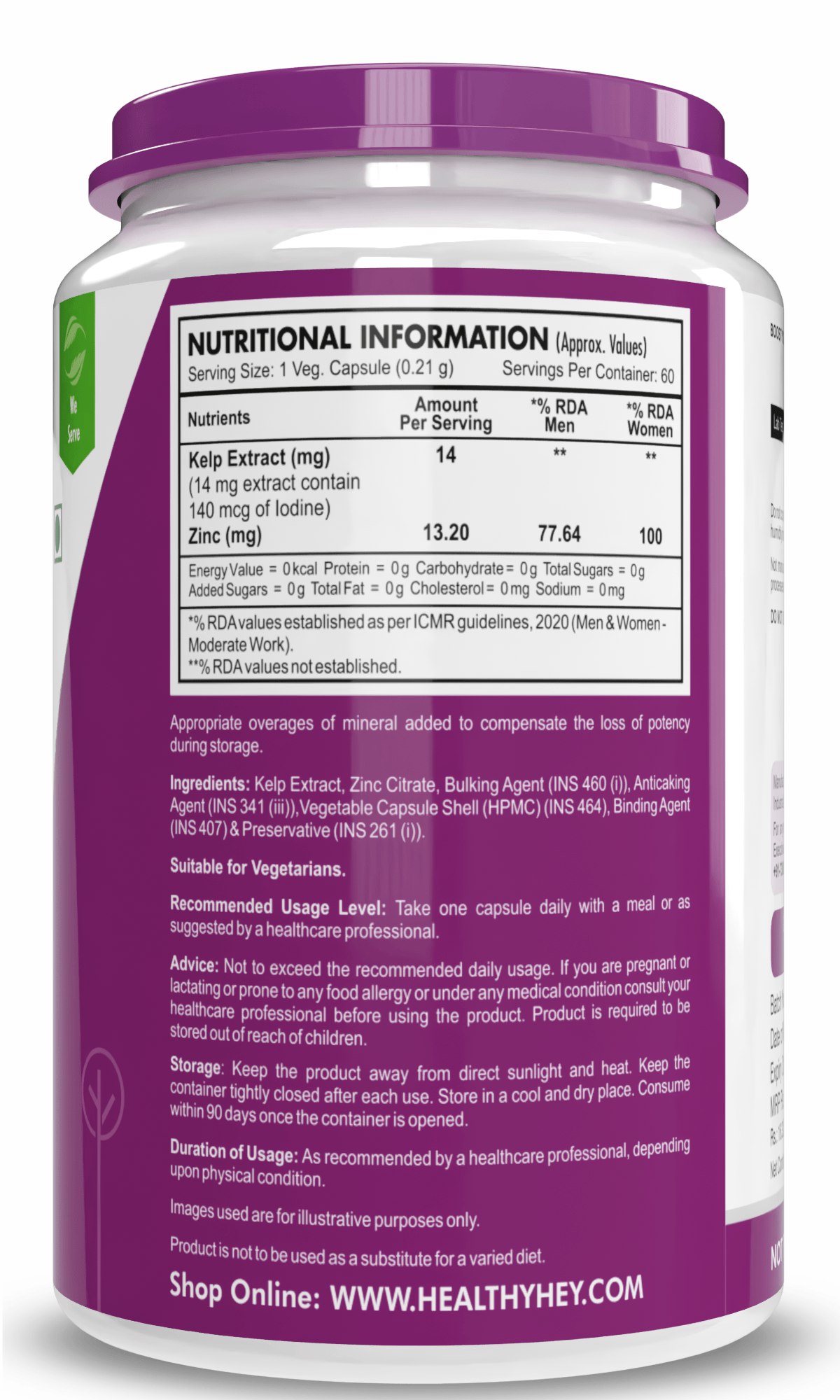 HealthyHey Nutrition Capsule Kelp Extract with Zinc Citrate, Support Thyroid Health 60 Veg Capsules
