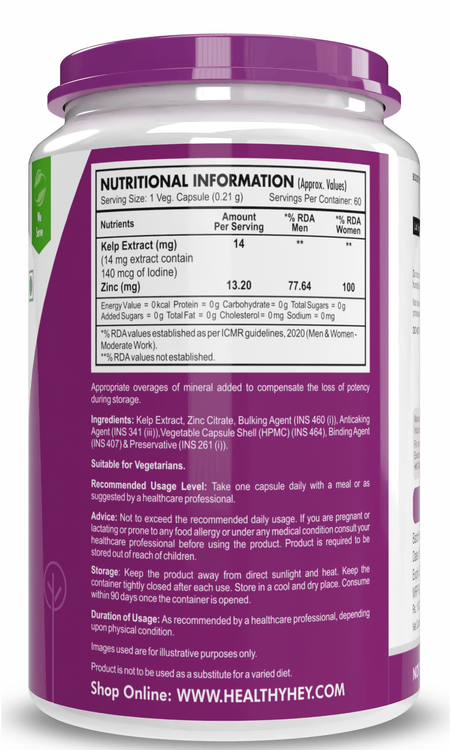 HealthyHey Nutrition Capsule Kelp Extract with Zinc Citrate, Support Thyroid Health 60 Veg Capsules