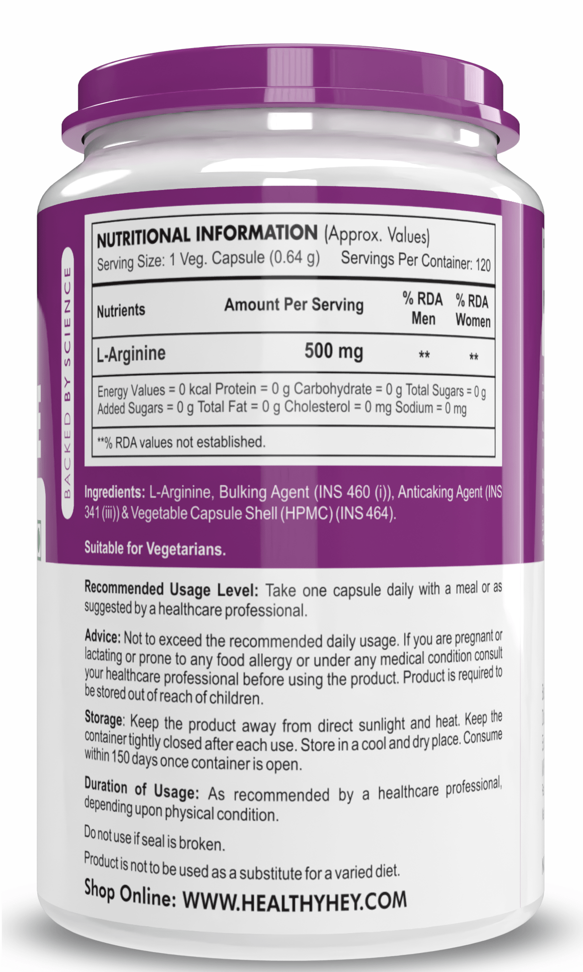HealthyHey Nutrition Capsule L-Arginine, Nitric oxide Precursor 500mg, 120 Veg Capsules