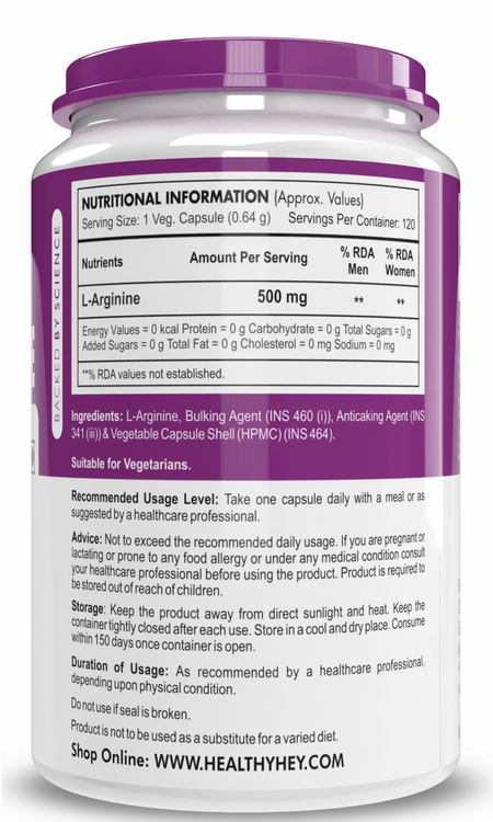 HealthyHey Nutrition Capsule L-Arginine, Nitric oxide Precursor 500mg, 120 Veg Capsules