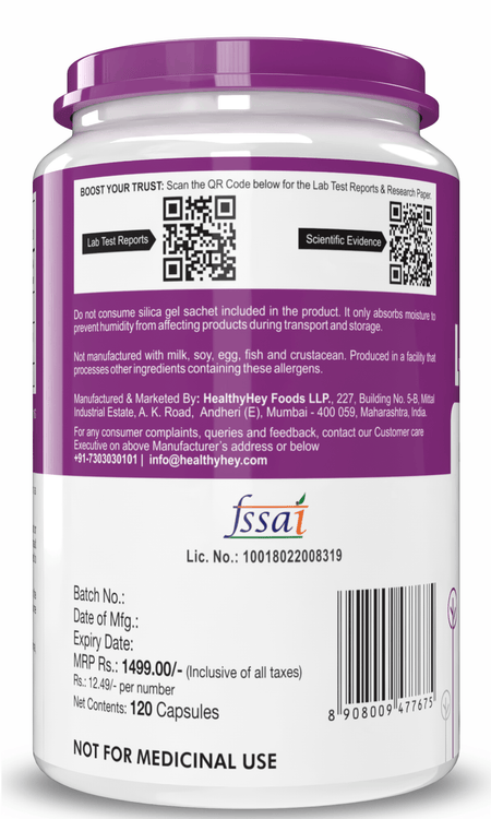 HealthyHey Nutrition Capsule L-Arginine, Nitric oxide Precursor 500mg, 120 Veg Capsules