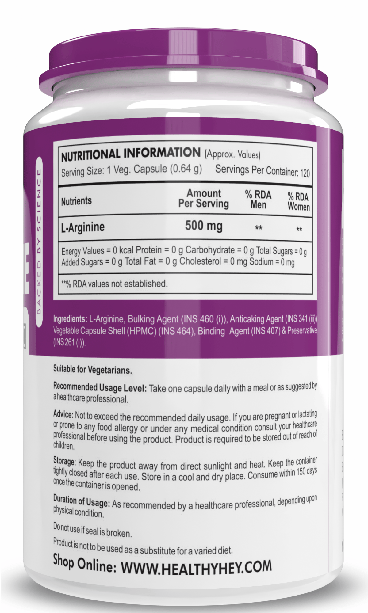 HealthyHey Nutrition Capsule L-Arginine, Nitric oxide Precursor 500mg, 120 Veg Capsules