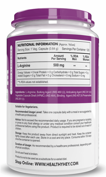 HealthyHey Nutrition Capsule L-Arginine, Nitric oxide Precursor 500mg, 120 Veg Capsules