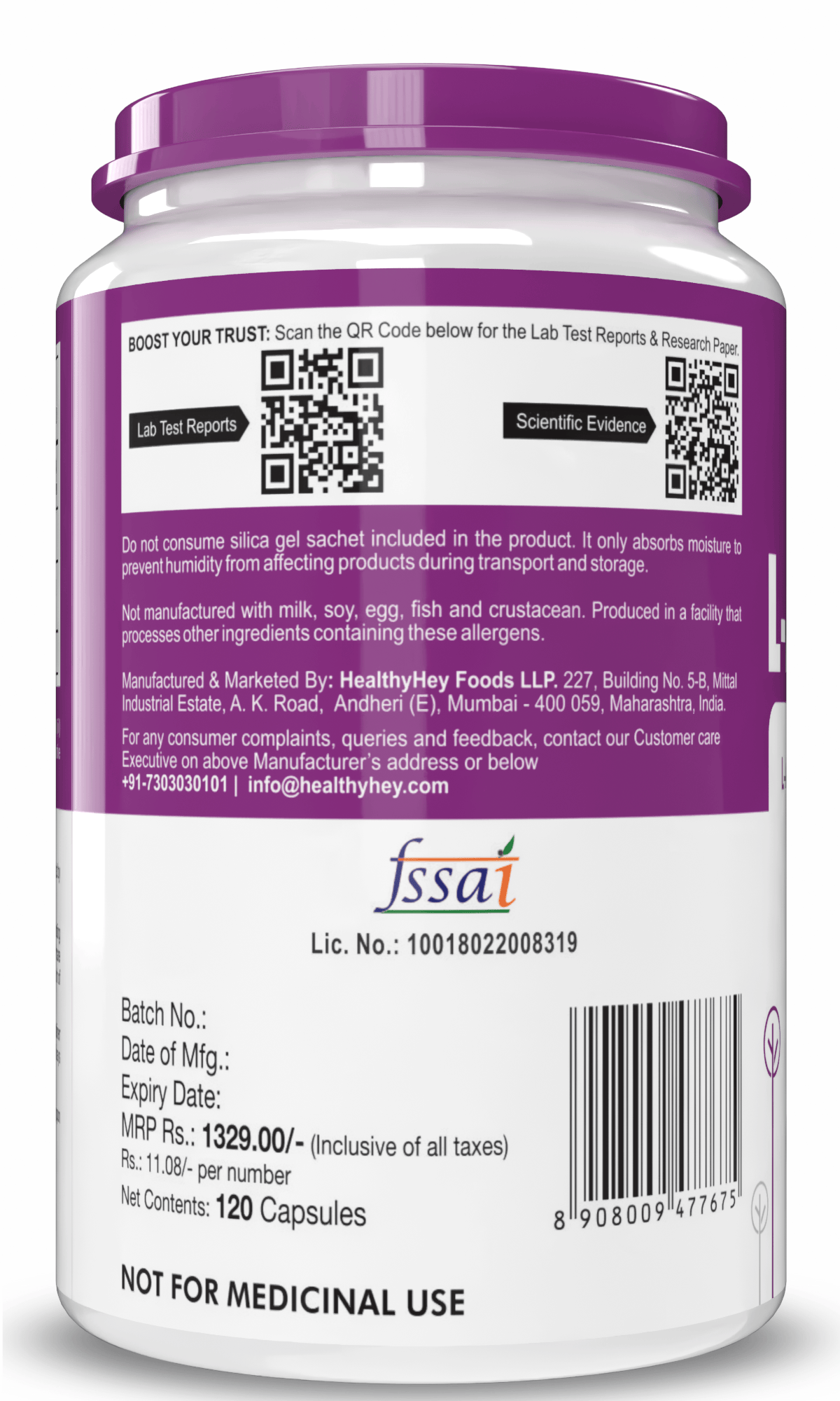 HealthyHey Nutrition Capsule L-Arginine, Nitric oxide Precursor 500mg, 120 Veg Capsules