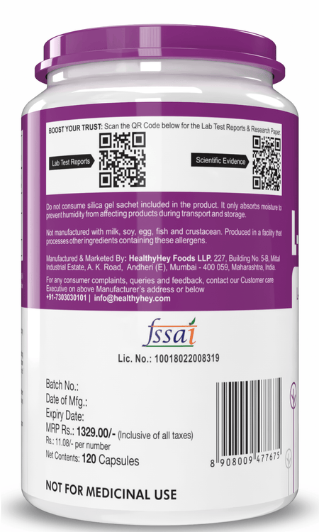 HealthyHey Nutrition Capsule L-Arginine, Nitric oxide Precursor 500mg, 120 Veg Capsules