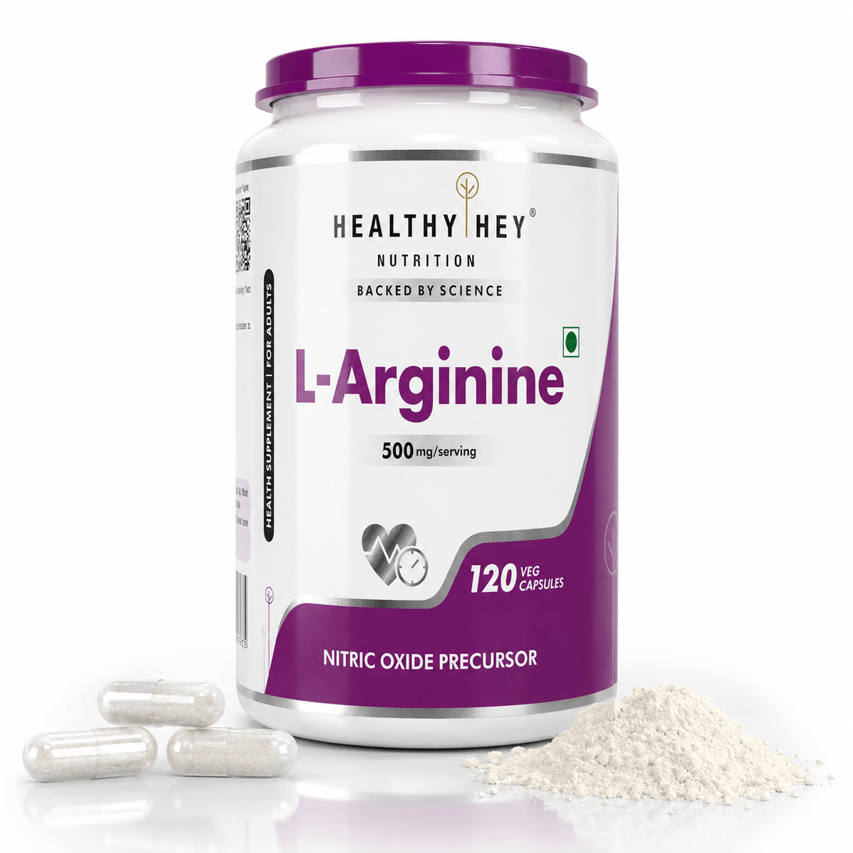 HealthyHey Nutrition Capsule L-Arginine, Nitric oxide Precursor 500mg, 120 Veg Capsules