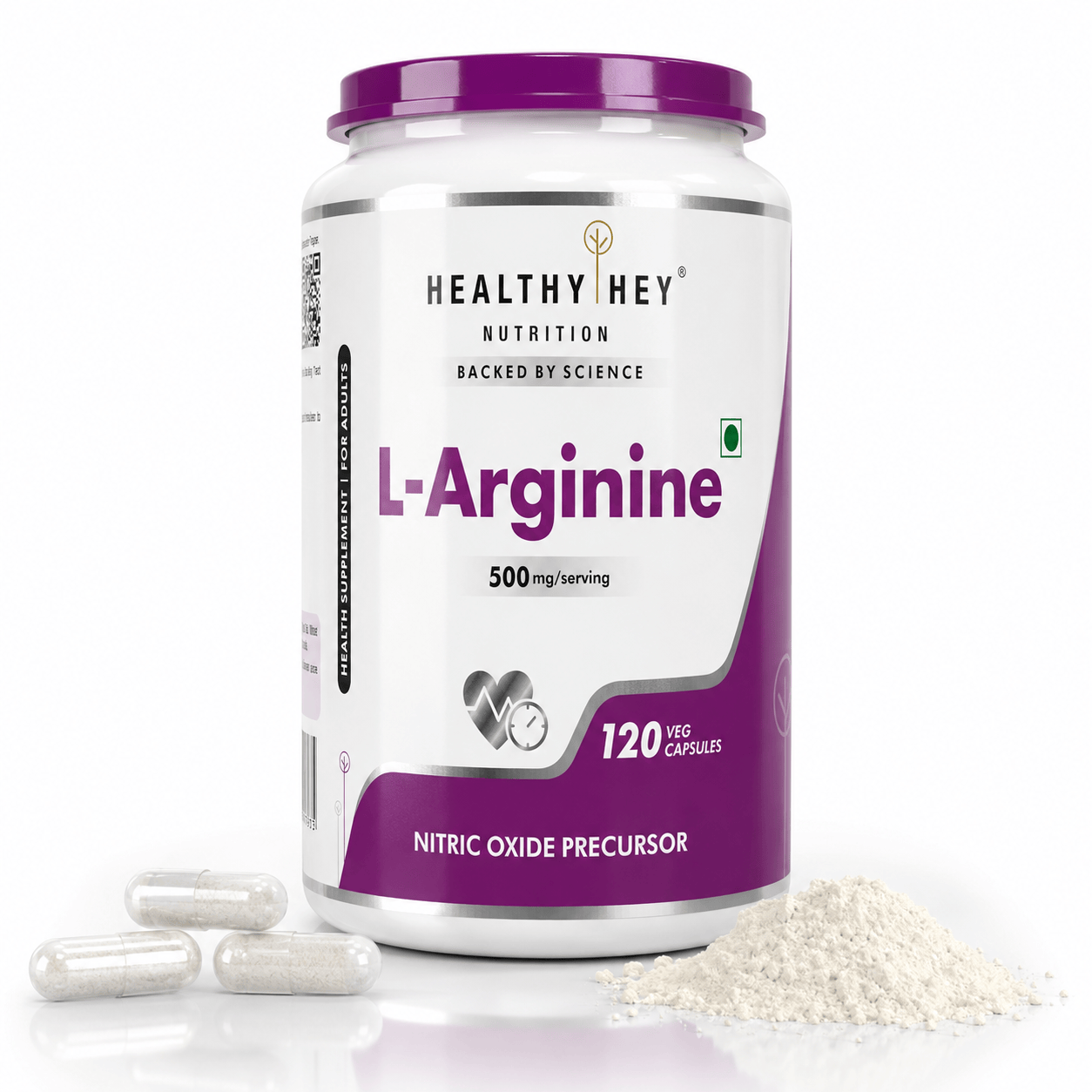 HealthyHey Nutrition Capsule L-Arginine, Nitric oxide Precursor 500mg, 120 Veg Capsules