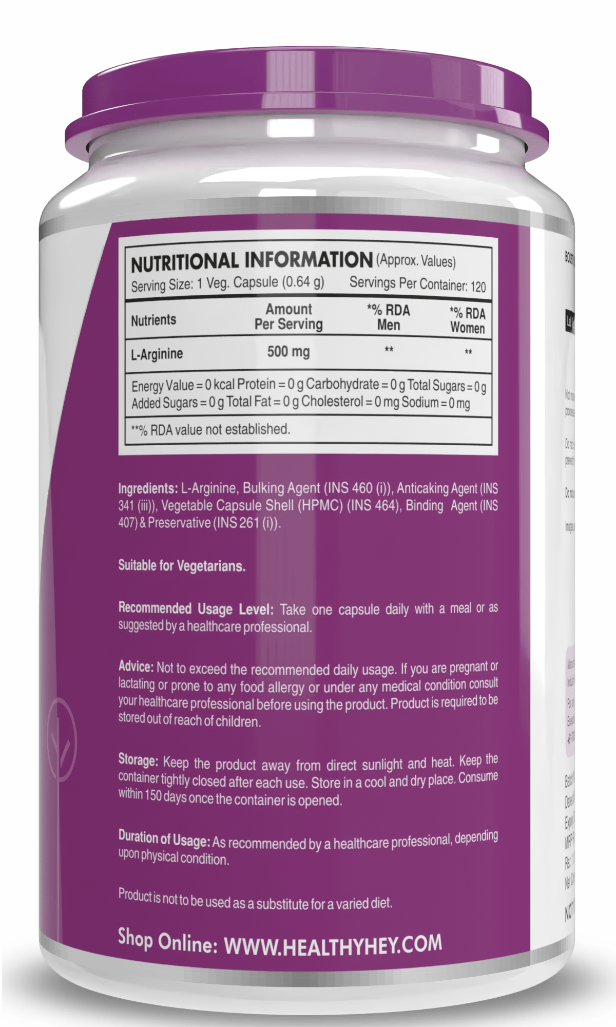 HealthyHey Nutrition Capsule L-Arginine, Nitric oxide Precursor 500mg, 120 Veg Capsules