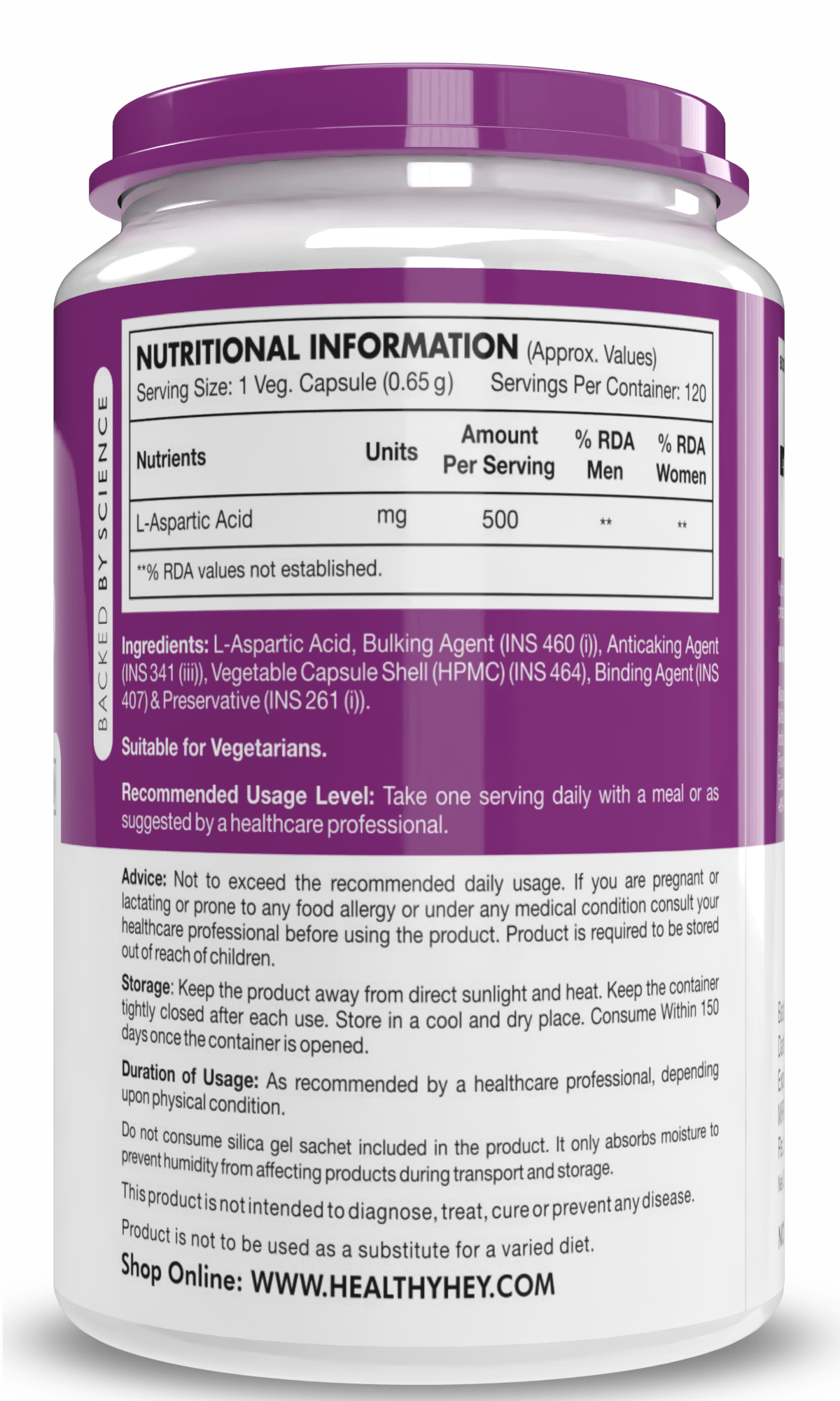 HealthyHey Nutrition Capsule L-Aspartic Acid, Support Immune Health -120 veg capsules