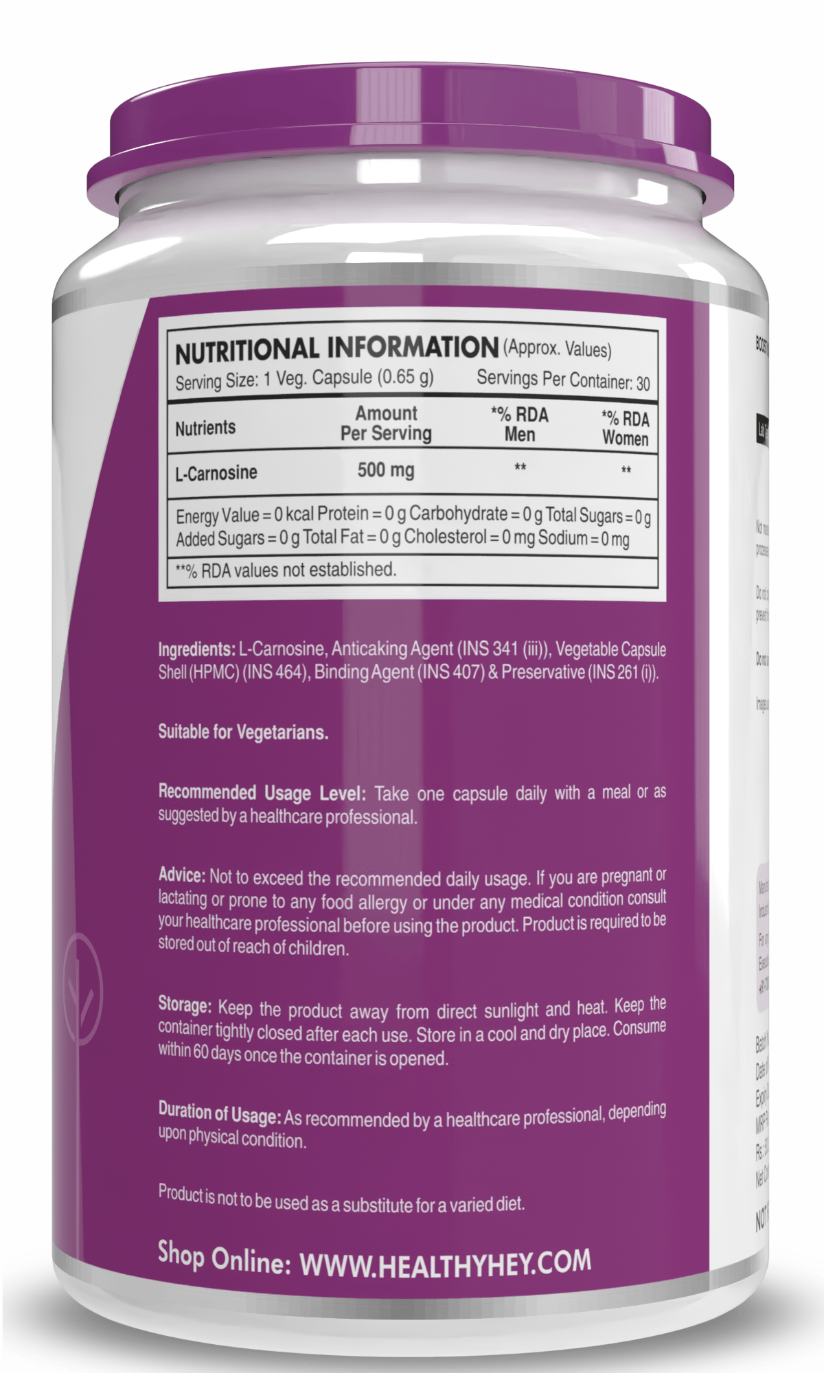HealthyHey Nutrition Capsule L-Carnosine, Supports Healthy Aging 30 vegetable capsules