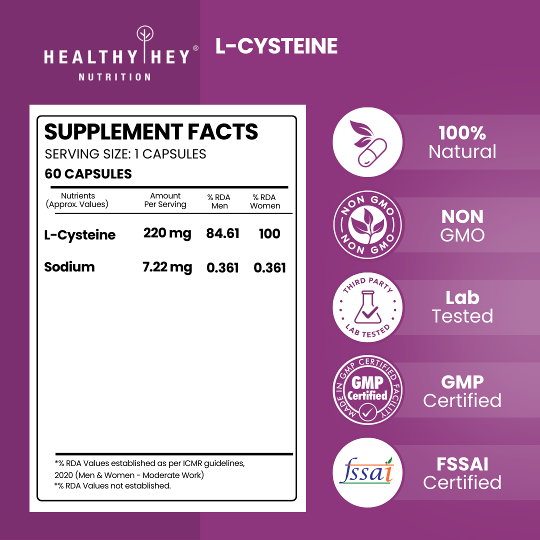 HealthyHey Nutrition Capsule L-Cysteine, Antioxidant support hair, Immune & Heart Health -60 Veg Capsules