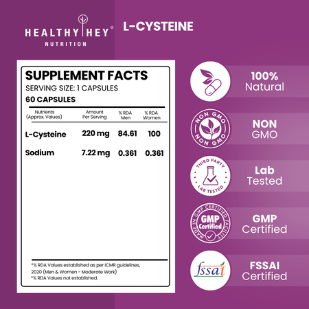 HealthyHey Nutrition Capsule L-Cysteine, Antioxidant support hair, Immune & Heart Health -60 Veg Capsules