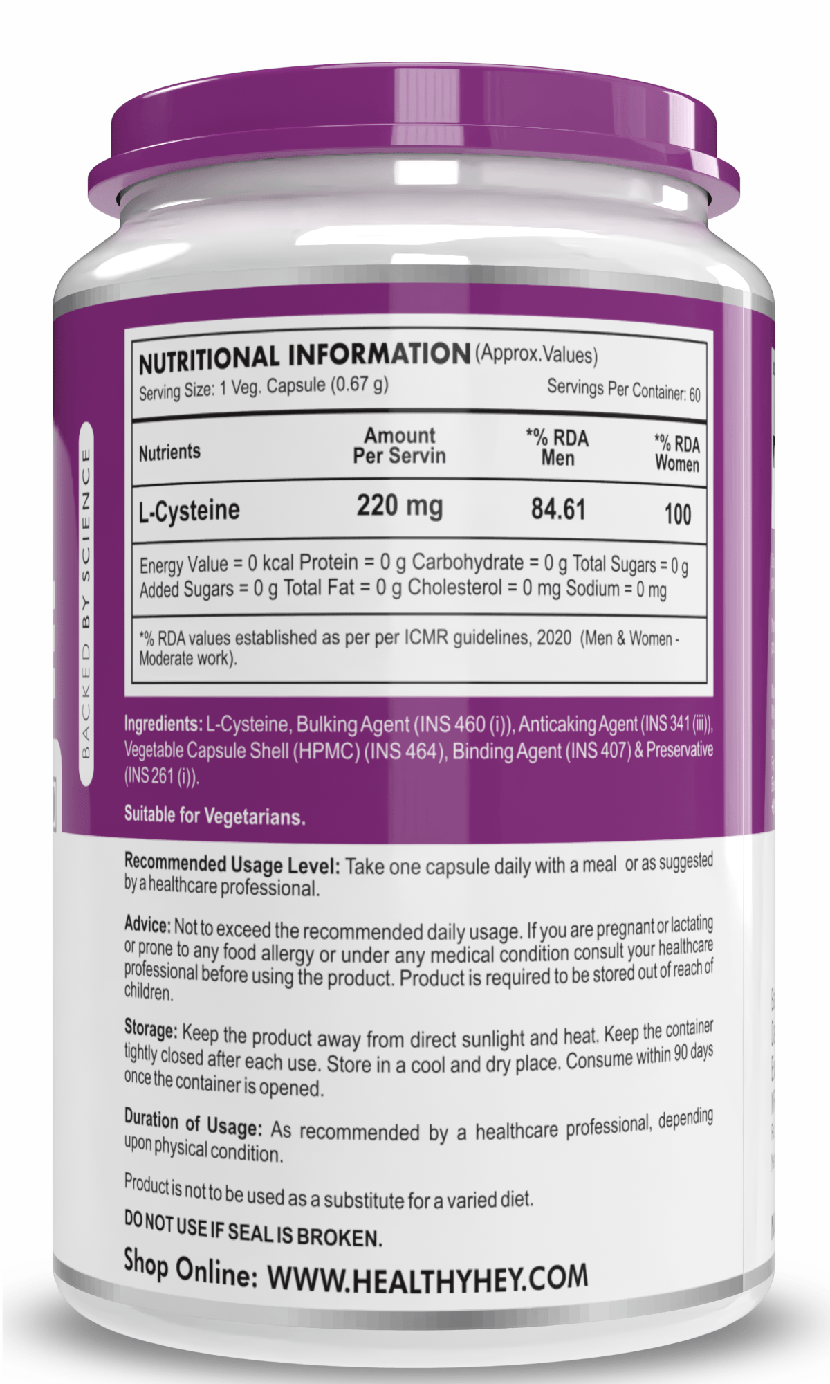 HealthyHey Nutrition Capsule L-Cysteine, Antioxidant support hair, Immune & Heart Health -60 Veg Capsules