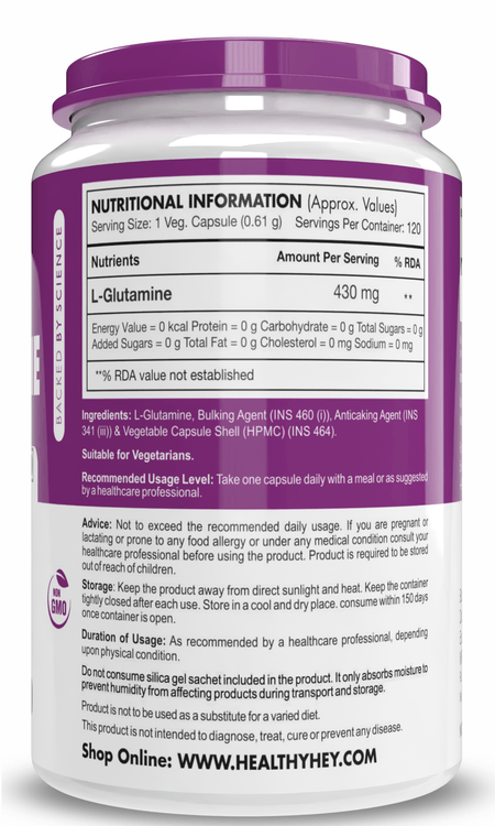 HealthyHey Nutrition Capsule L- Glutamine, Support Muscle growth & recovery-120 veg Capsules