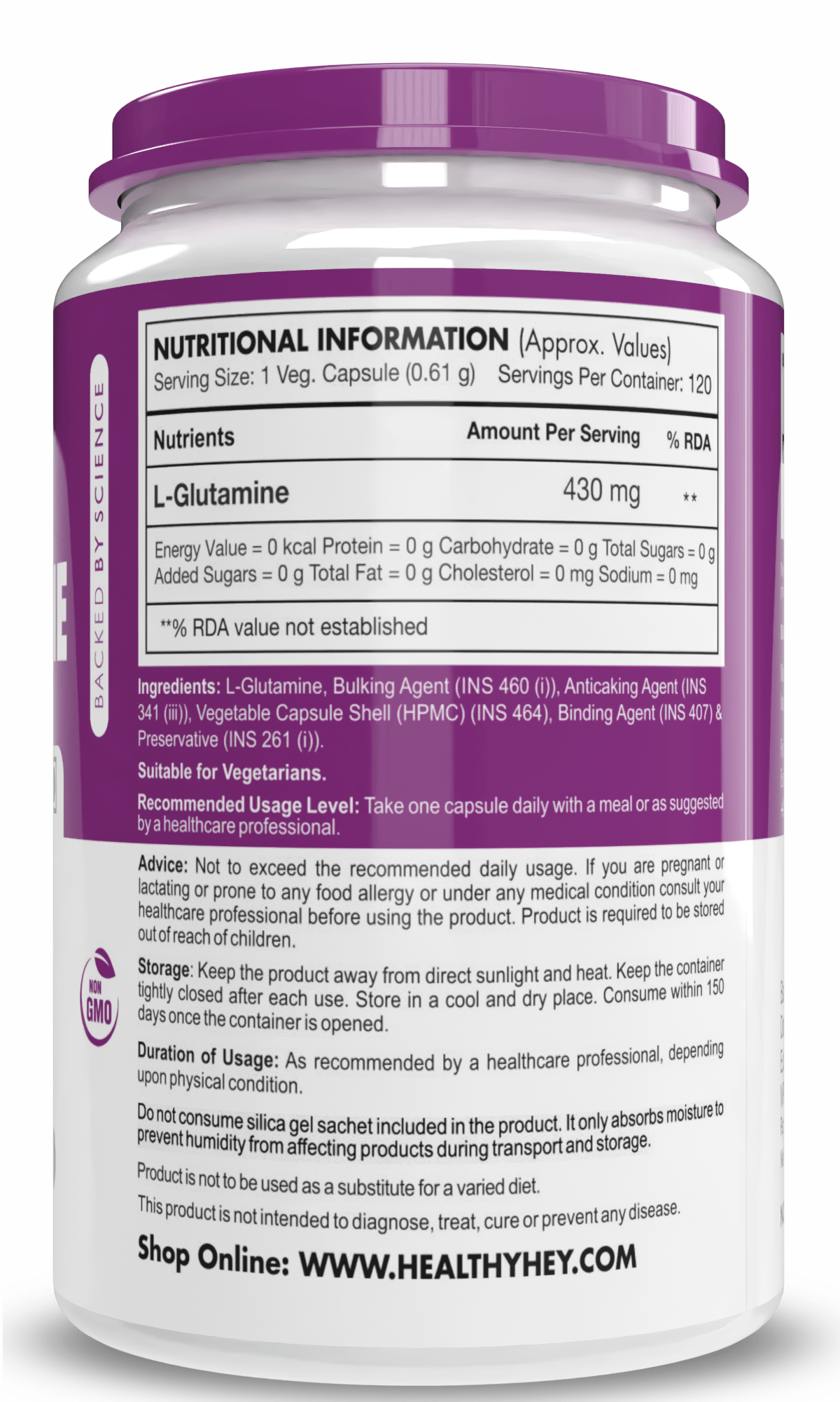 HealthyHey Nutrition Capsule L- Glutamine, Support Muscle growth & recovery-120 veg Capsules