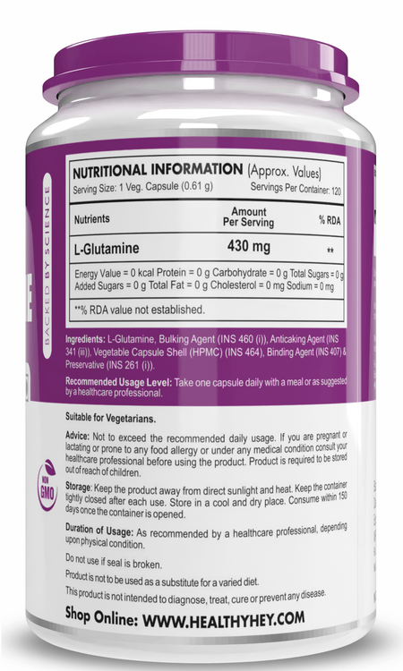 HealthyHey Nutrition Capsule L- Glutamine, Support Muscle growth & recovery-120 veg Capsules