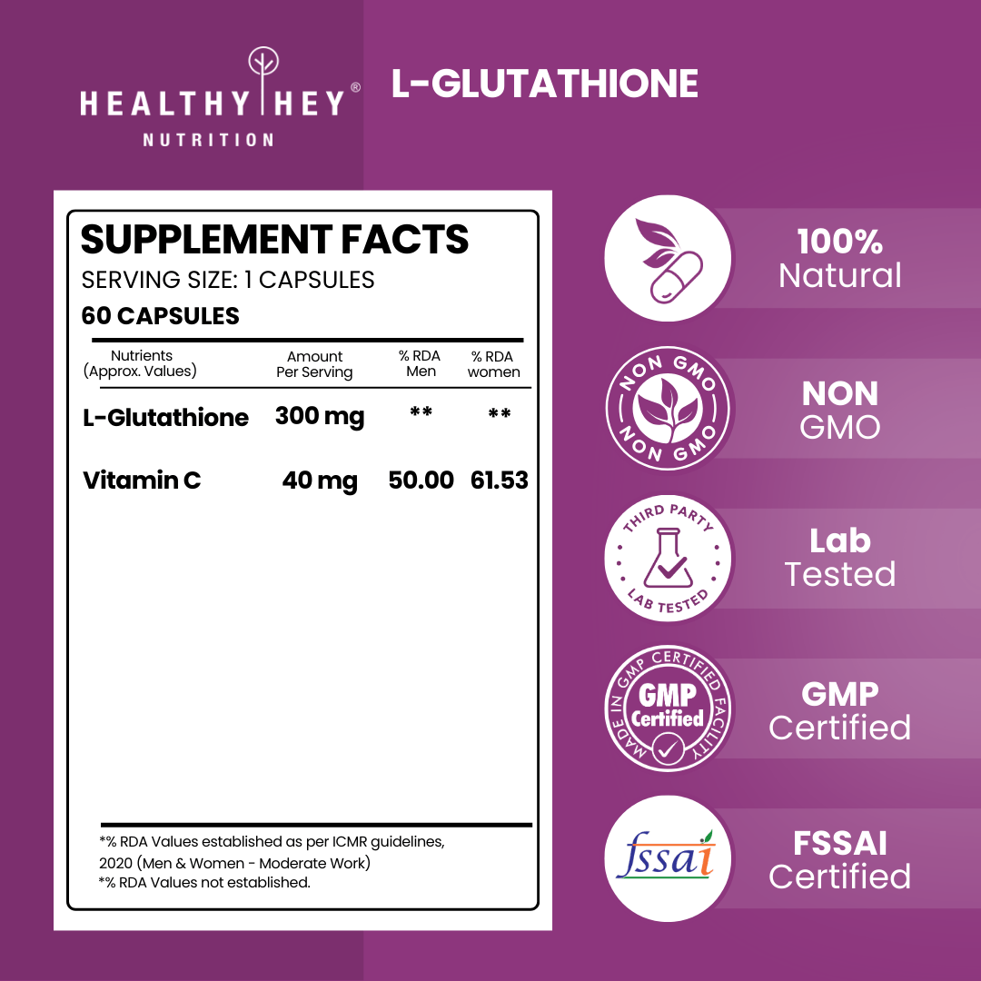 HealthyHey Nutrition Capsule L-Glutathione Supplement, Support Skin Health - 100% Vegetarian Source - 60 Veg Capsules