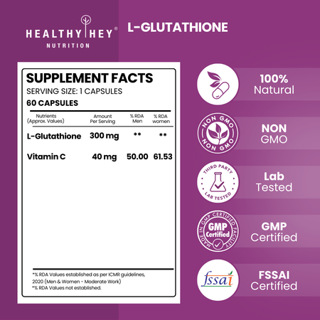 HealthyHey Nutrition Capsule L-Glutathione Supplement, Support Skin Health - 100% Vegetarian Source - 60 Veg Capsules