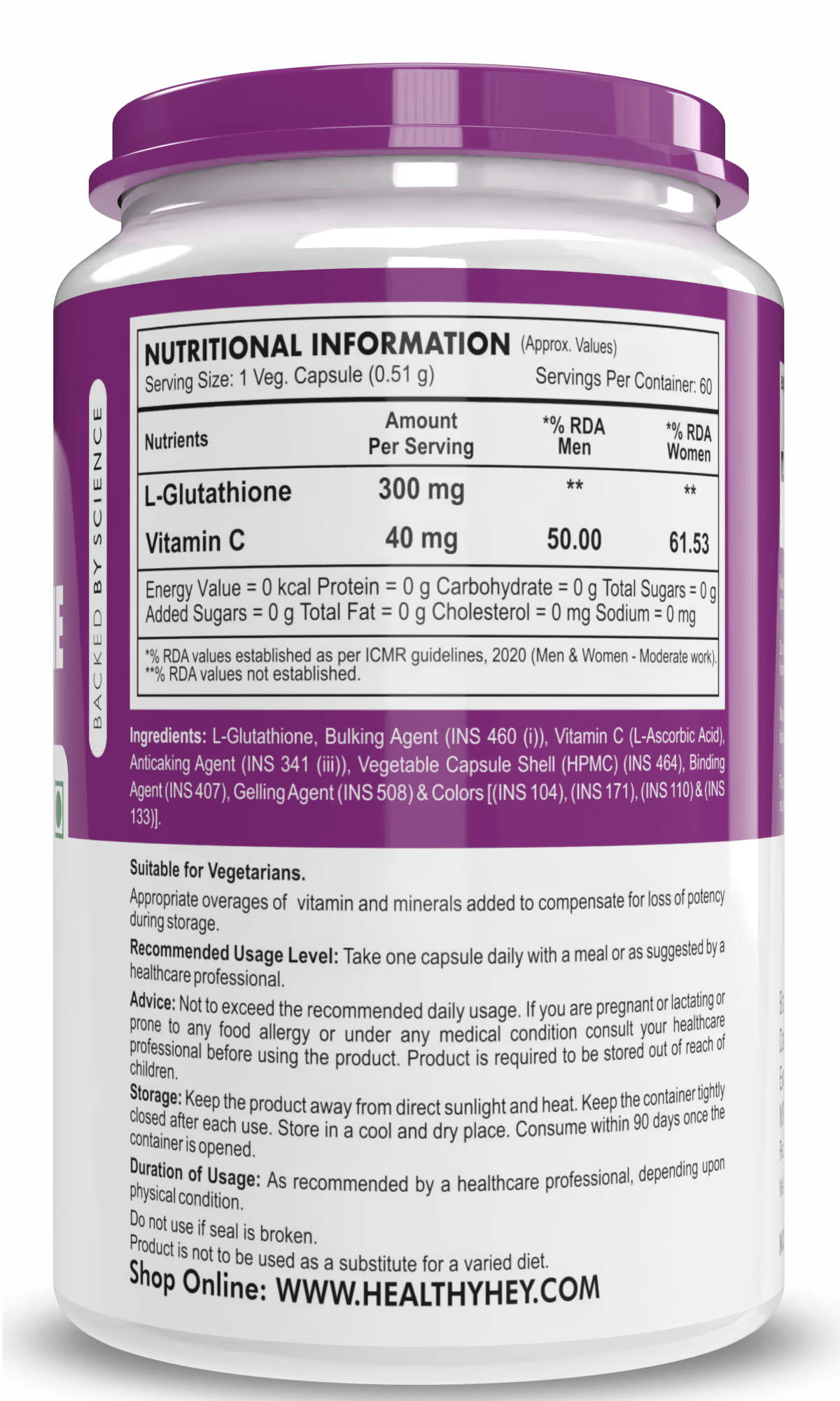 HealthyHey Nutrition Capsule L-Glutathione Supplement, Support Skin Health - 100% Vegetarian Source - 60 Veg Capsules